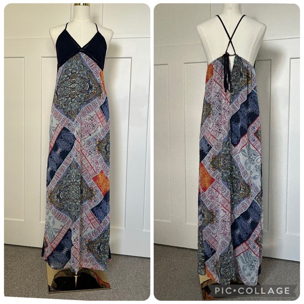 Mustard Seed Navy Blue Halter Maxi Dress -Women's LARGE- Boho Patchwork Chiffon